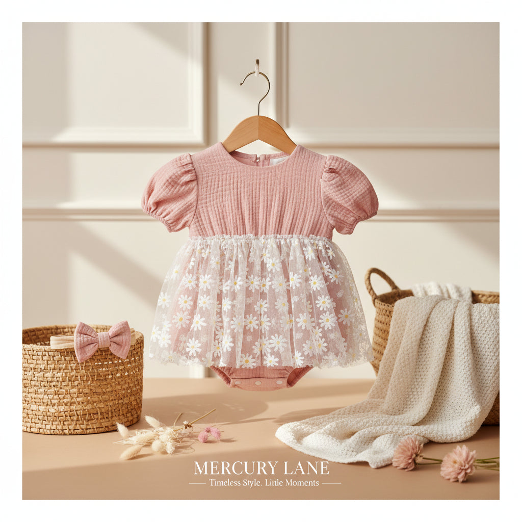 Pink baby dress with floral embroidery on a white background, accompanied by a headband and flowers.