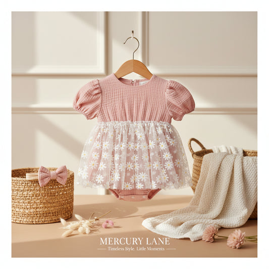 Pink baby dress with floral embroidery on a white background, accompanied by a headband and flowers.