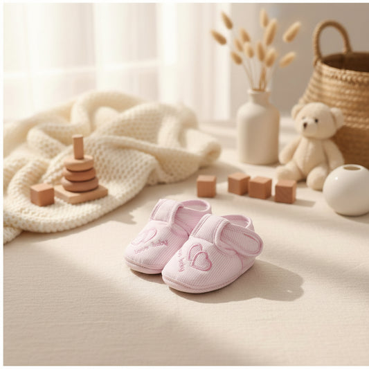 Pair of pink baby shoes with heart designs on a soft fabric background