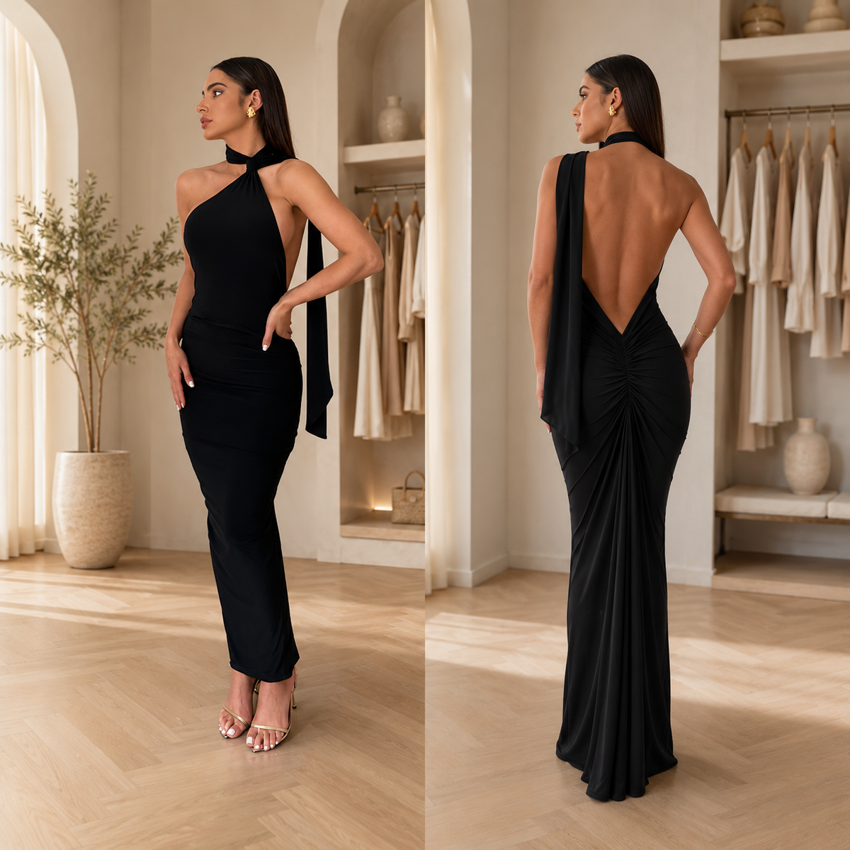 A woman modeling a floor-length black gown in a bright boutique interior, shown from the front and back. The dress has a halter neckline, fitted silhouette, draped side detail, and a deep open back with gathered draping at the lower back.