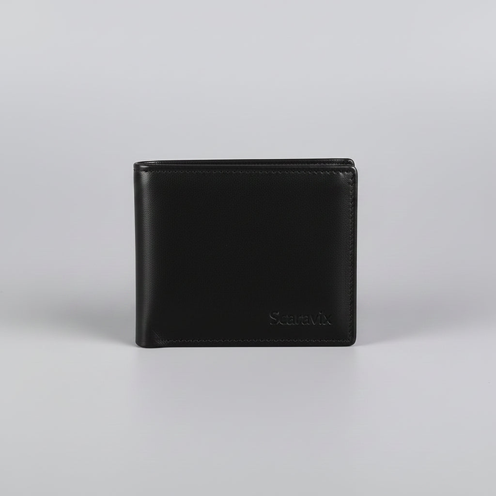 Black leather wallet on a wooden surface with a blurred photo in the background