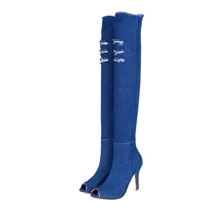 Royal Blue knee-high boots with peep-toe design on a white background