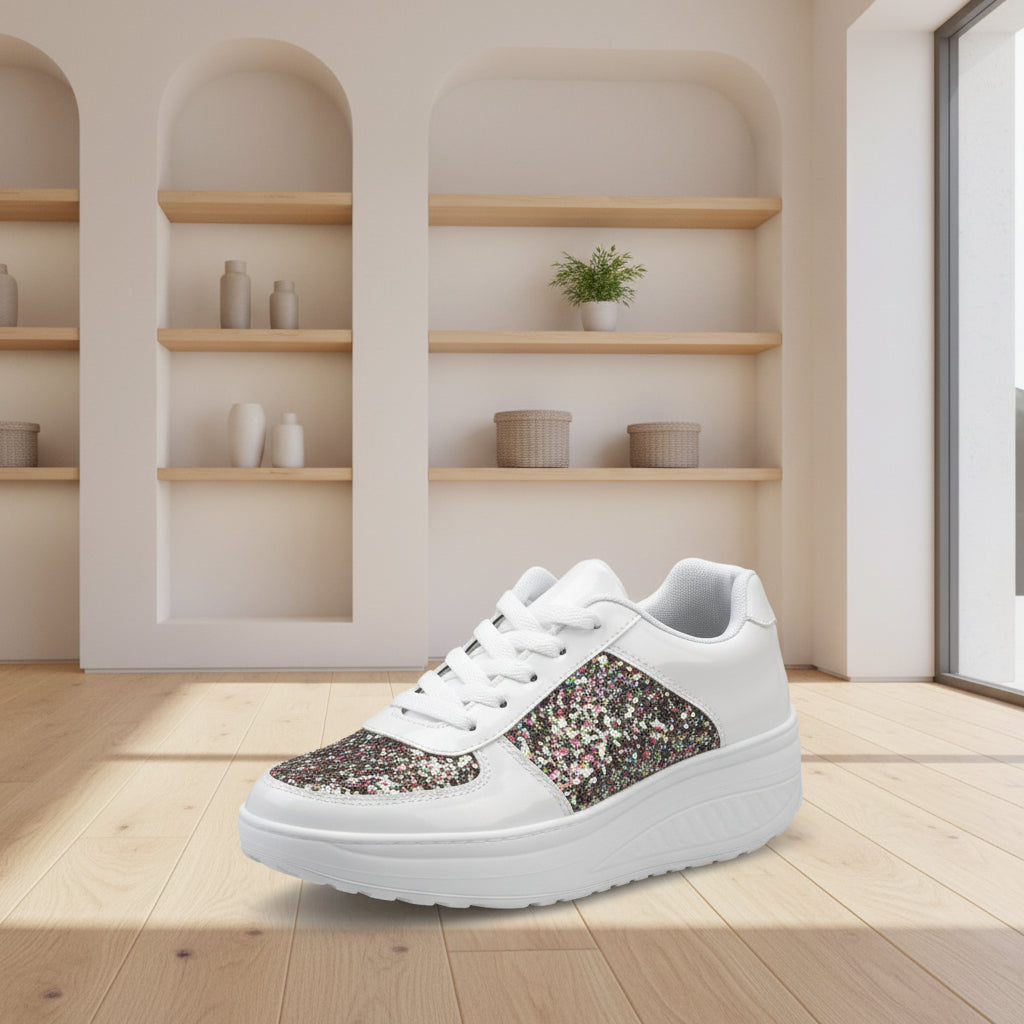 White sneaker with glittery patch on a white background