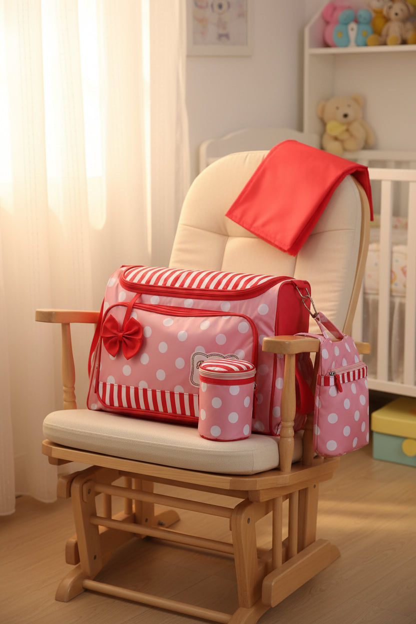 Pink and red striped diaper bag with polka dots and a bow on a white background