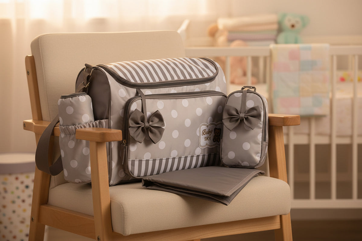 Gray and white striped diaper bag with polka dots and a bow on a white background