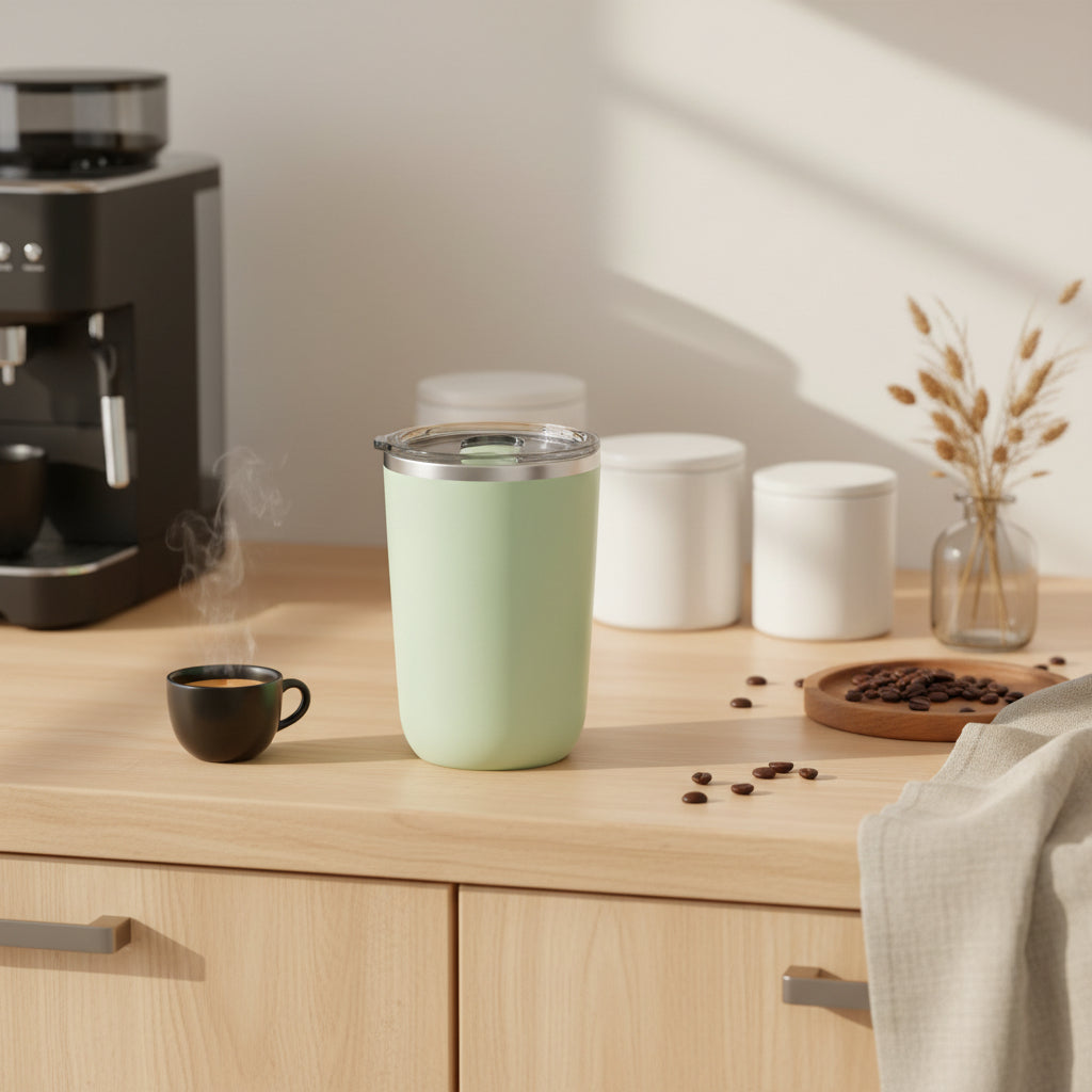 Mint green tumbler with a clear lid on a light gray background