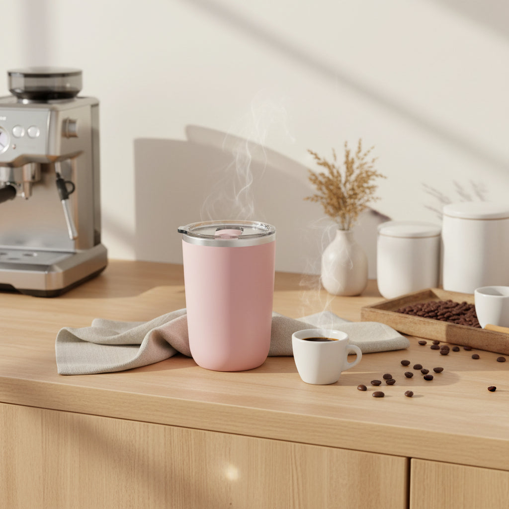 Pink insulated tumbler with a silver lid on a light gray background