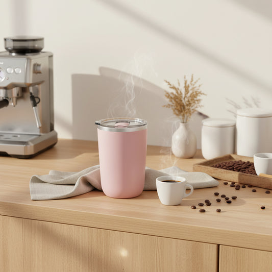 Pink insulated tumbler with a silver lid on a light gray background