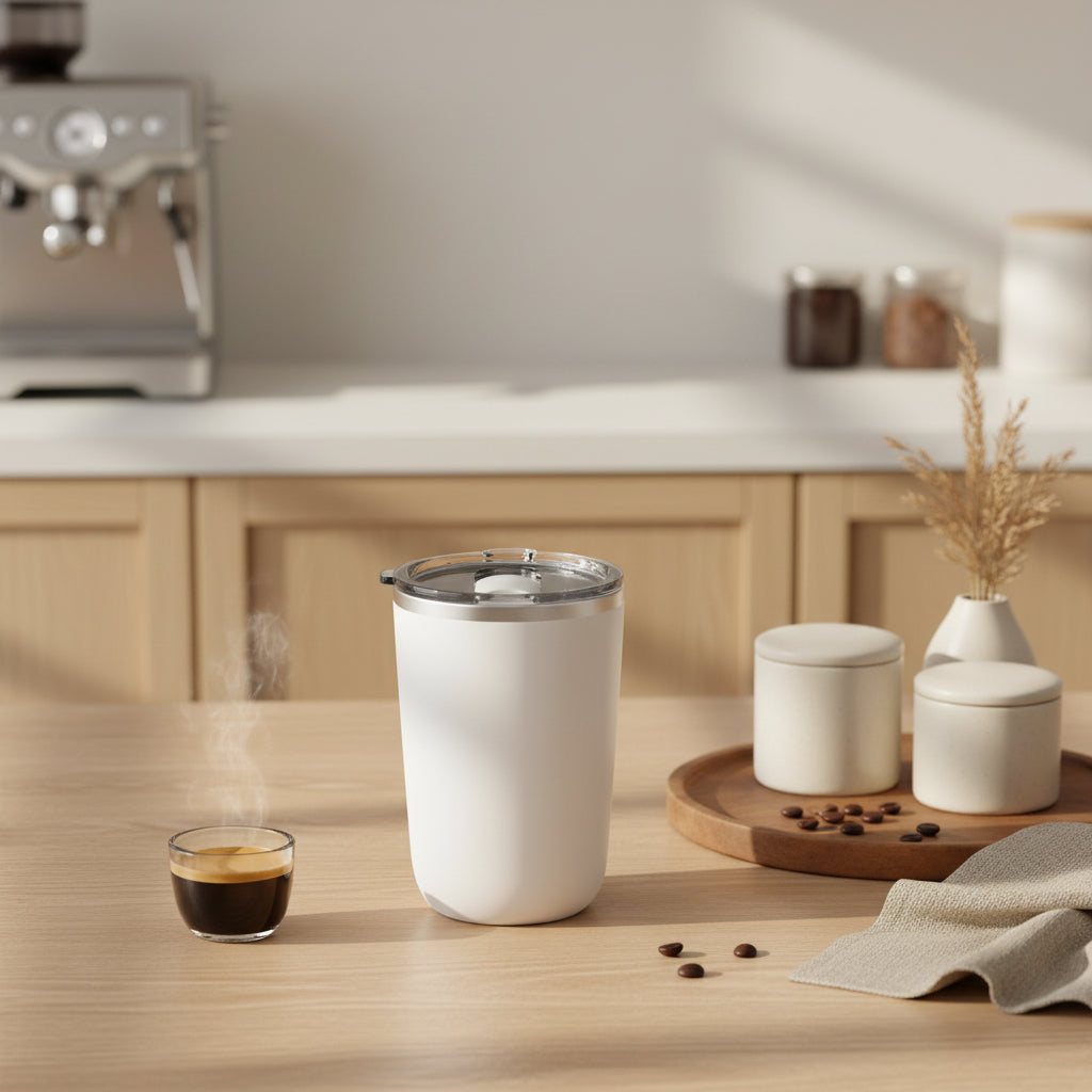 White insulated tumbler with clear lid on a light gray background