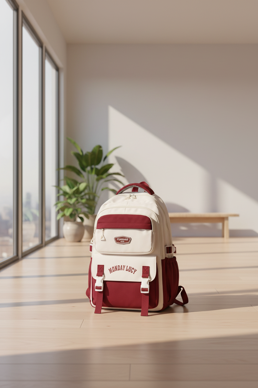 A cream and maroon backpack with a front zippered pocket, side pockets, top handle, and adjustable shoulder straps. The front pocket features a maroon flap with 'MONDAY LUCKY' printed in arched maroon letters and a small 'FUMIAO' brand patch above it, set against a plain white background.