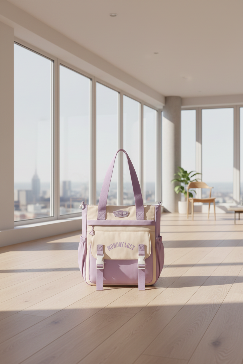 A lavender and cream canvas tote bag with dual shoulder straps, side pockets, and front buckle straps. The front pocket features a cream flap with the text 'MONDAY LUCY' in lavender, and a lavender brand patch reading 'FUMAD' is visible above.