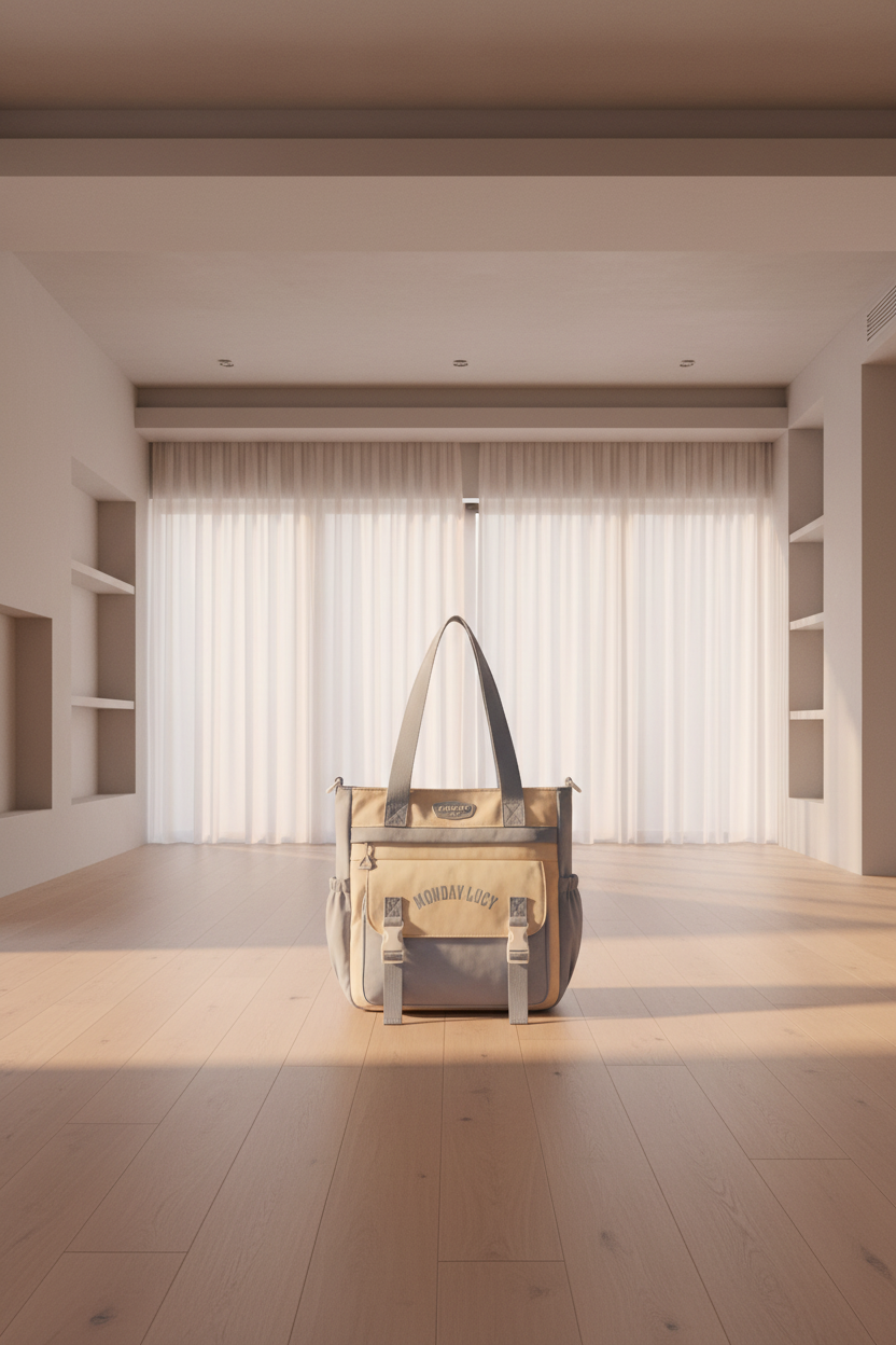 A light blue and cream canvas tote bag with dual shoulder straps, side pockets, and front buckle straps. The front flap features the text 'MONDAY LUCY' in light blue, and a small 'FUNIAO' brand patch is visible at the top.