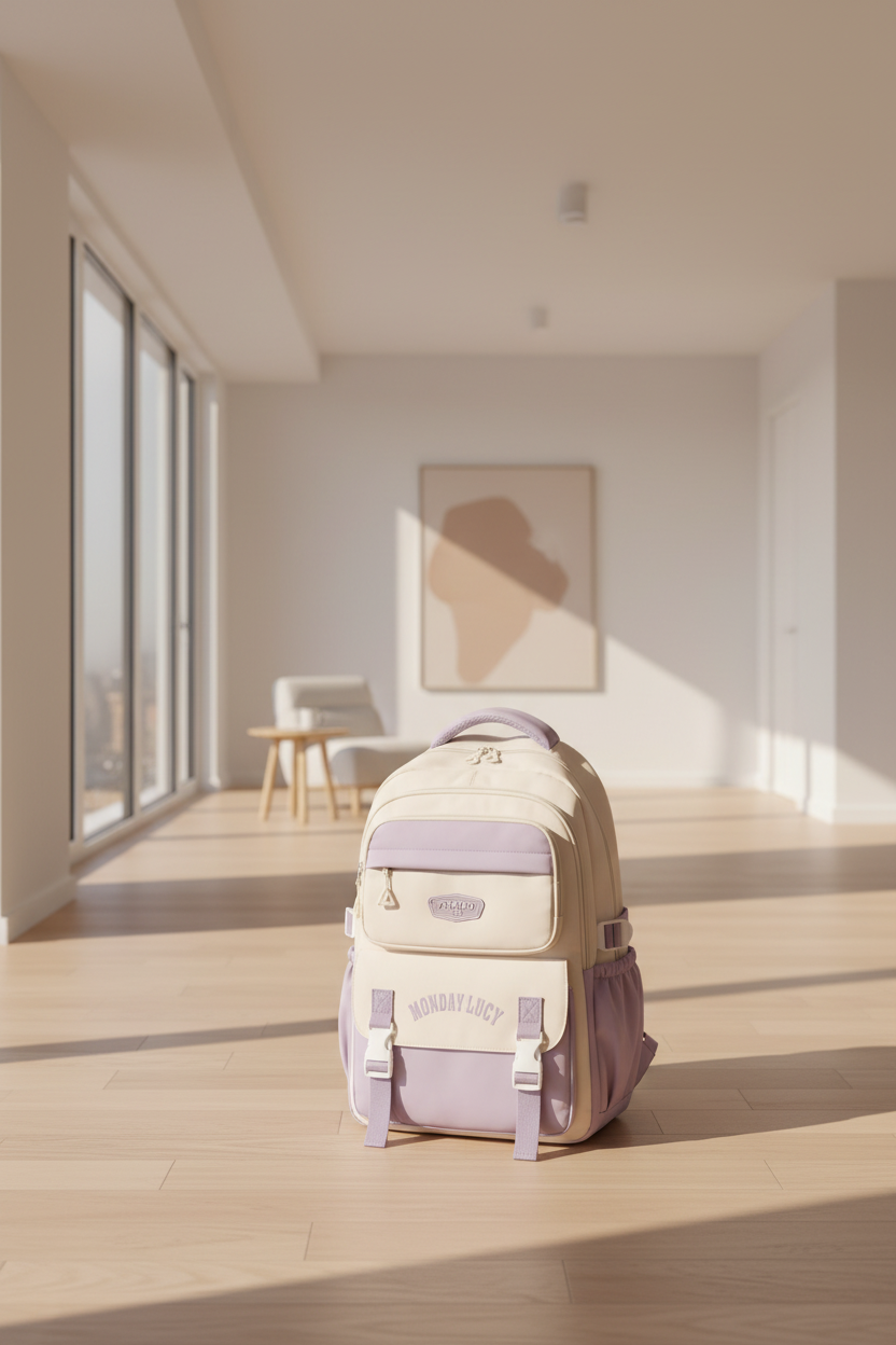 A pastel-colored school backpack with a cream and light purple color scheme, featuring a front zippered pocket with 'MONDAY LUCY' text and a central 'FUMIAO' brand patch.