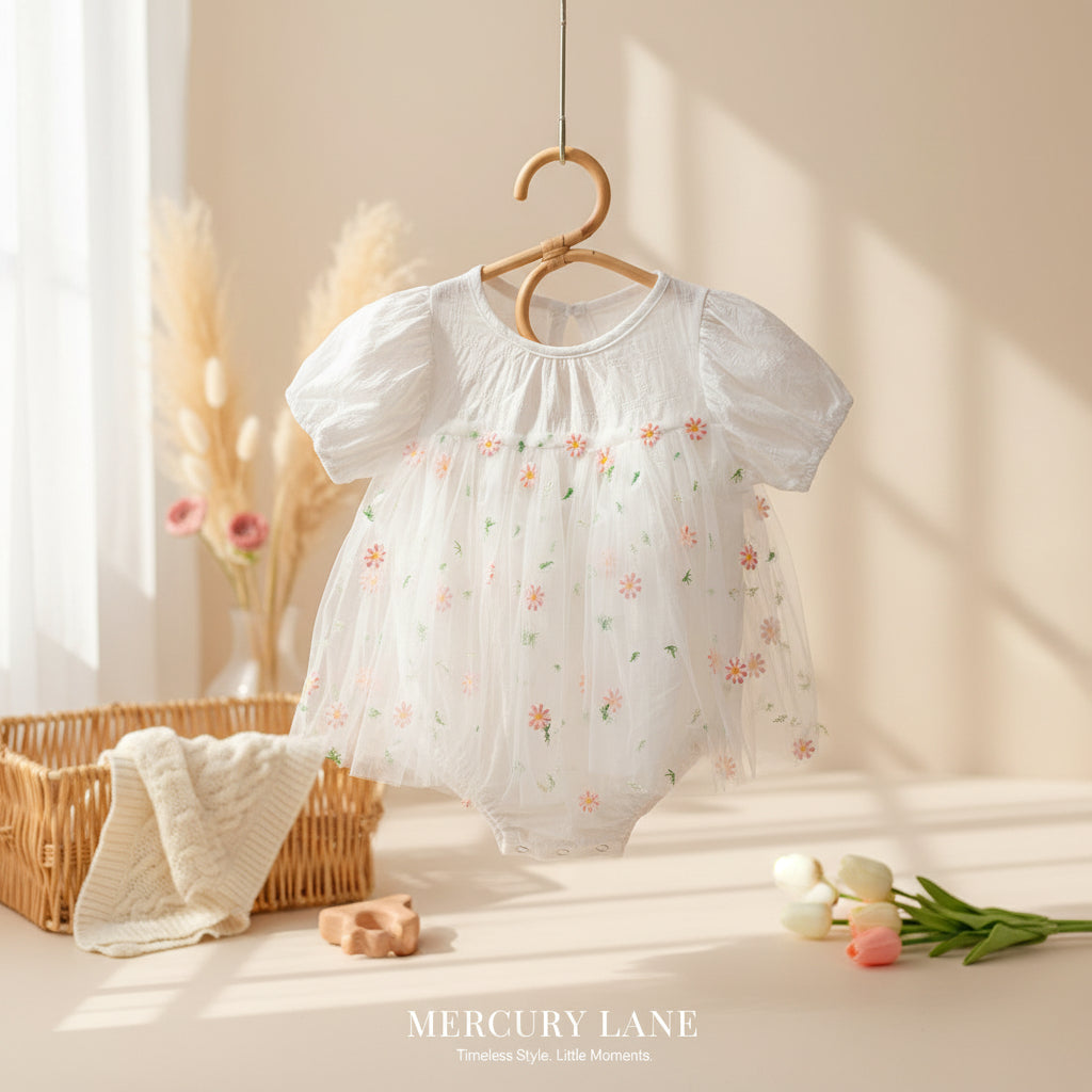 White baby romper with floral patterns on a white surface with decorative items.