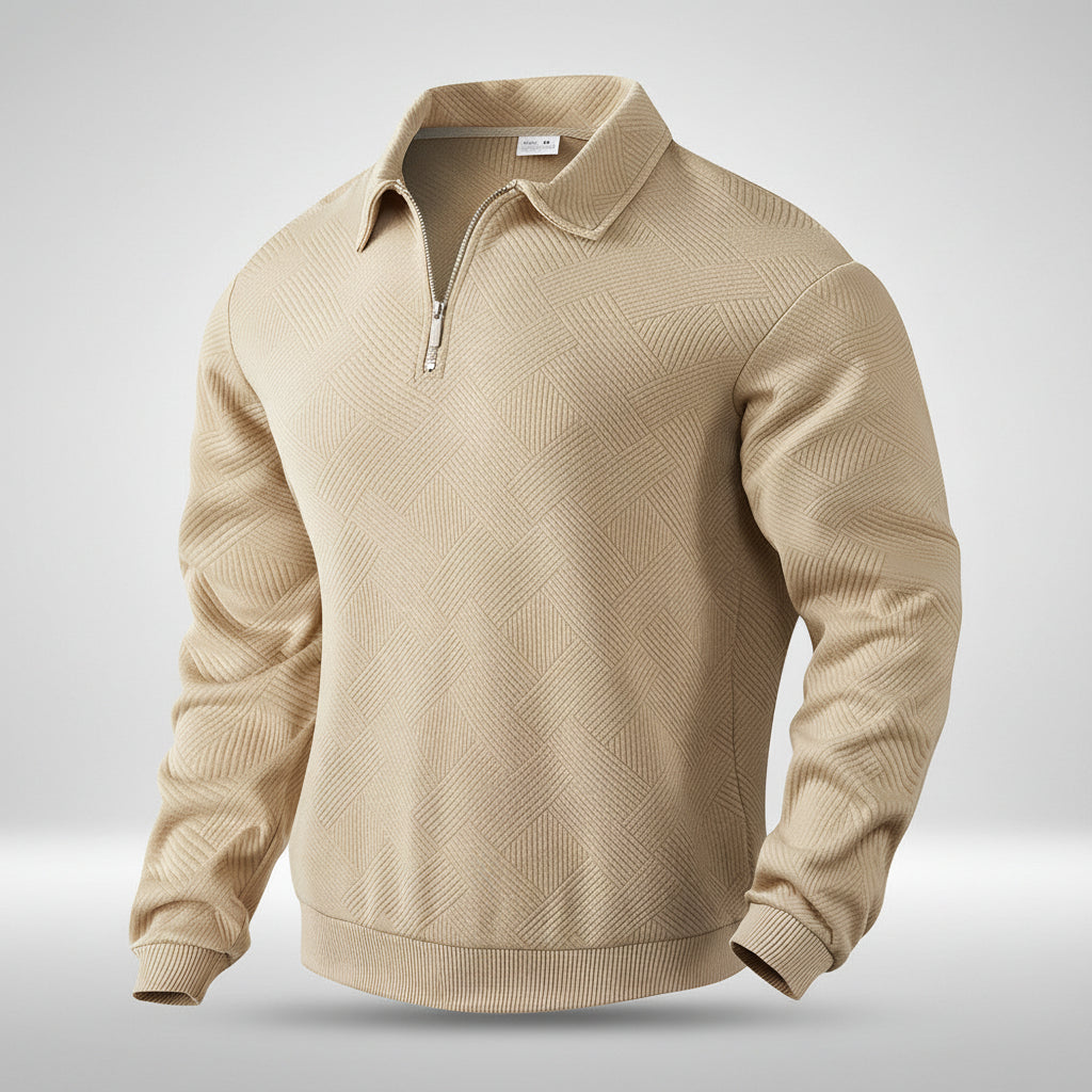 Beige sweater with a quarter zip on a white background