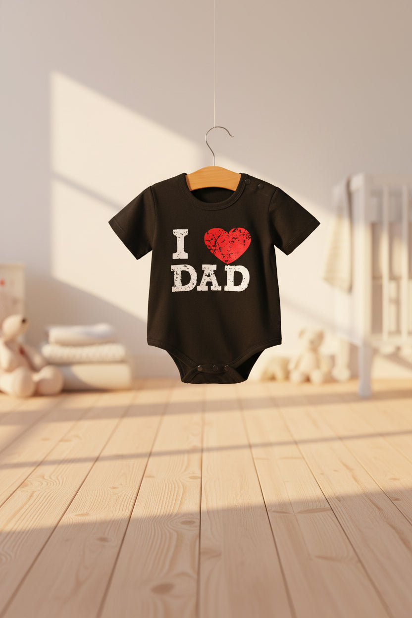 Black baby onesie with 'I ❤️ DAD' text on a white background