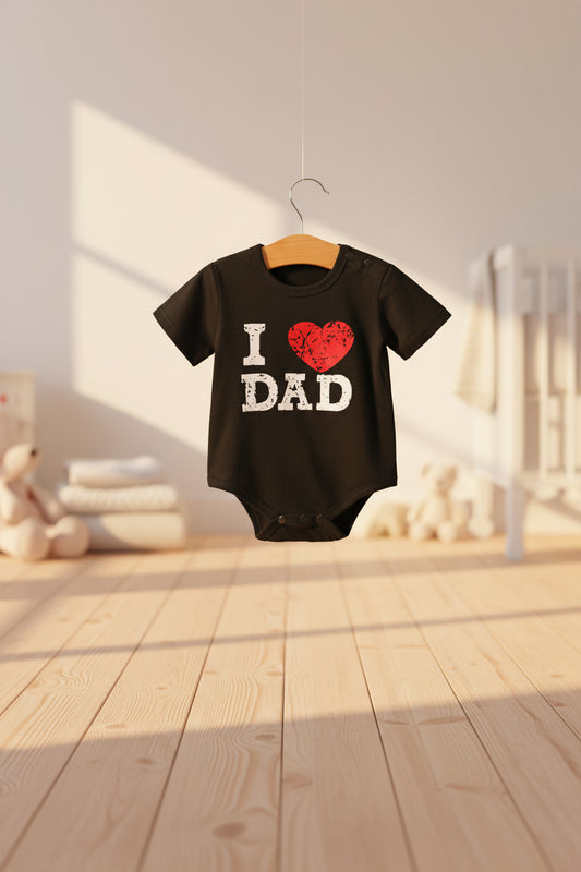 Black baby onesie with 'I ❤️ DAD' text on a white background