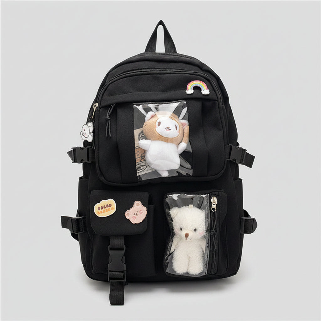 Black backpack with various items including a plush toy and a small bag, hanging on a hook.