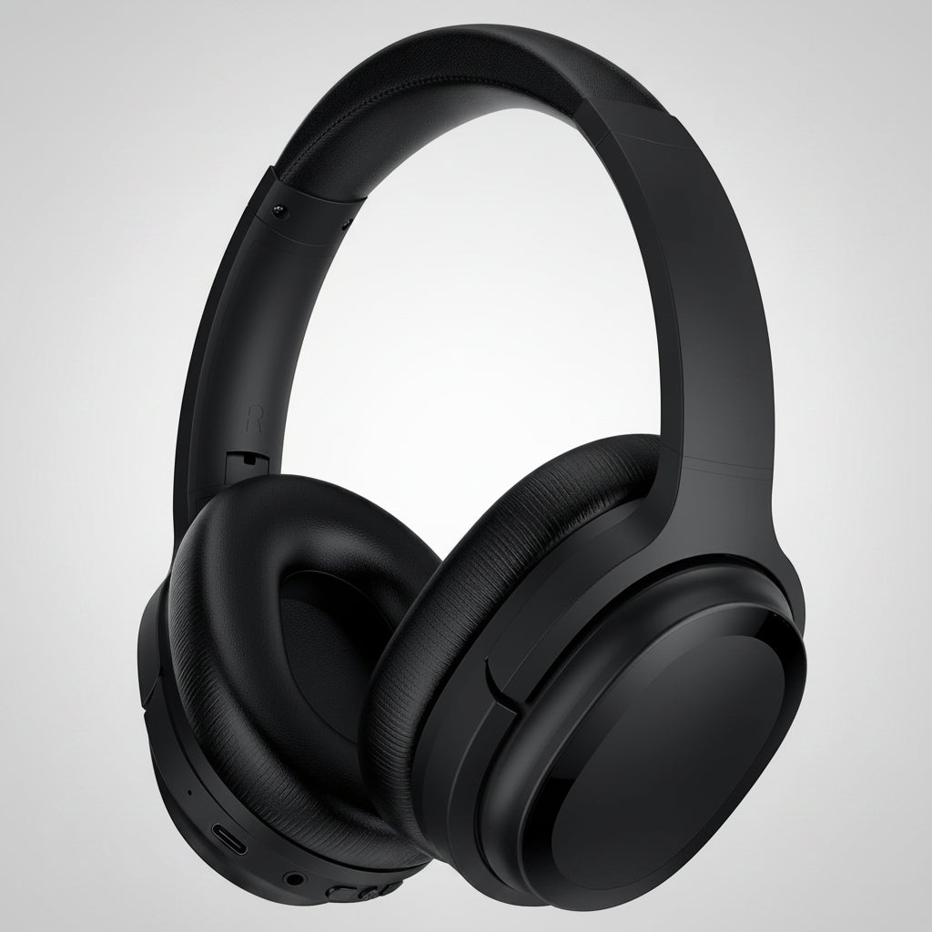 Black over-ear headphones on a white background