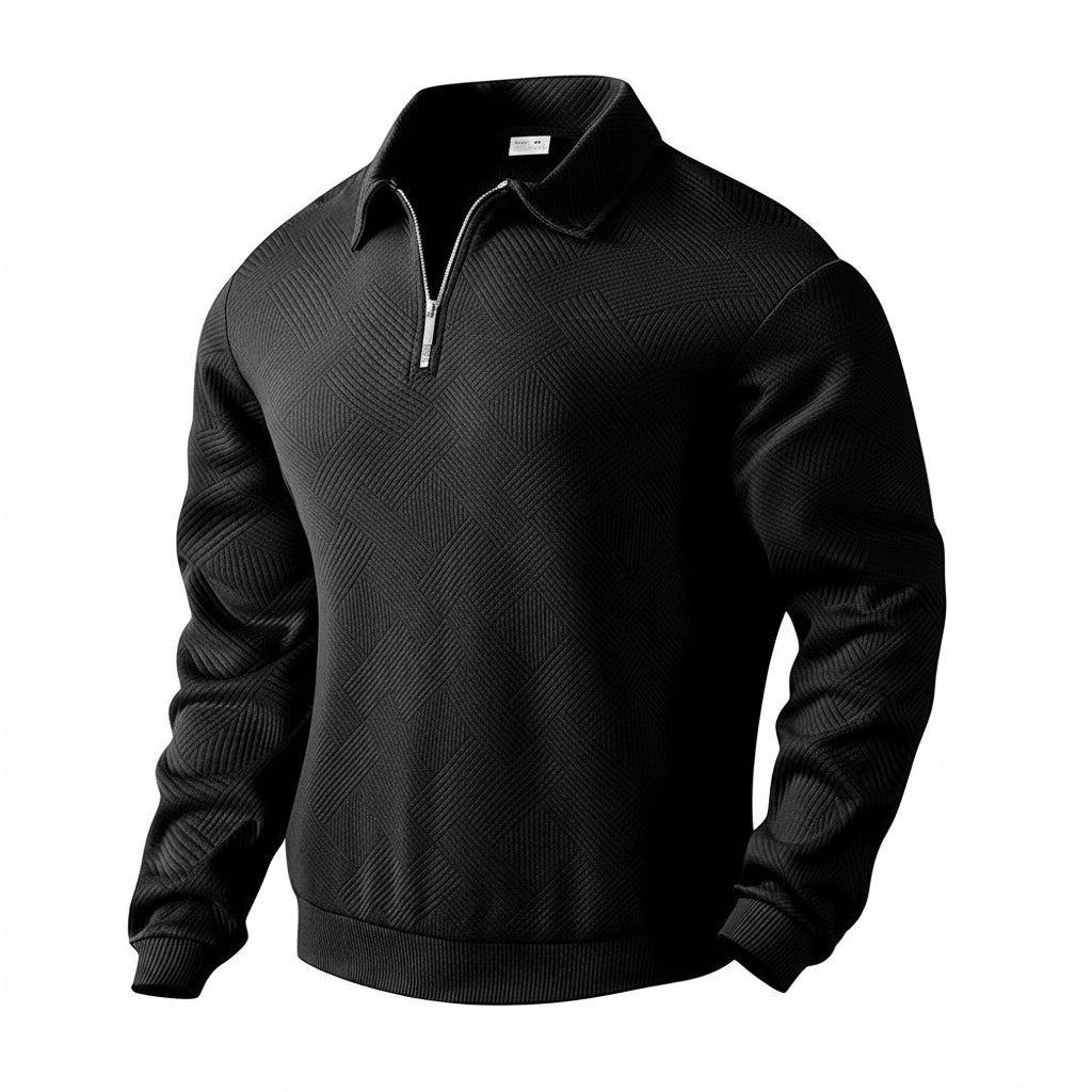 Black quarter-zip sweater on a white background