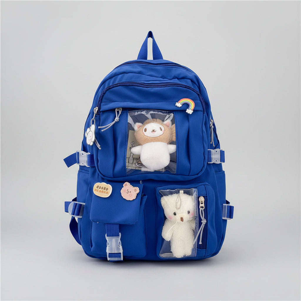 Blue backpack with stuffed animals and a tumbler on a desk
