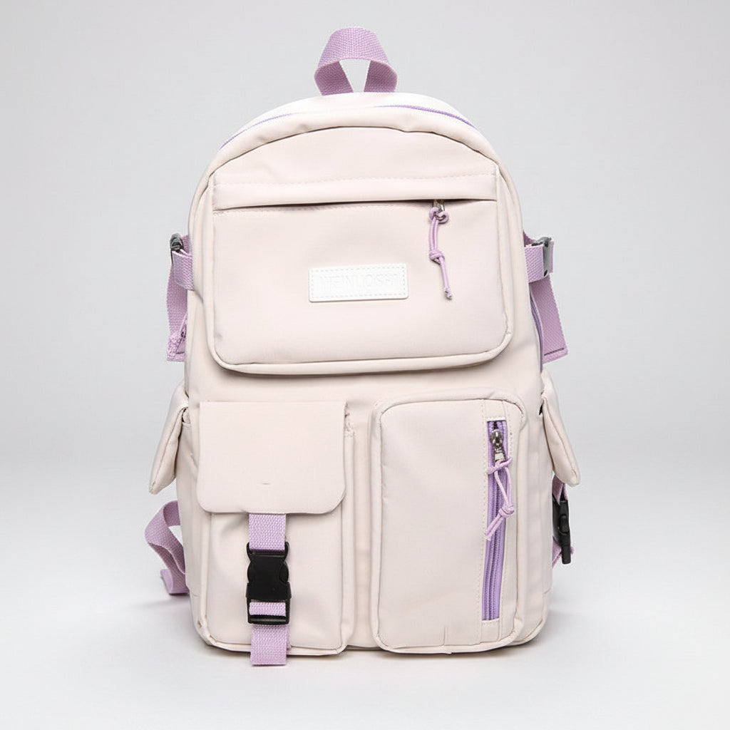 Blush Pink backpack with purple straps on a white background