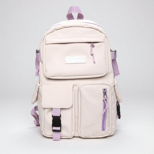Blush Pink backpack with purple straps on a white background