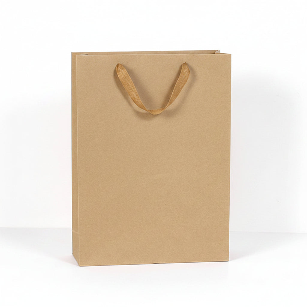 Brown paper bag with dimensions and a bottle for scale on a white background