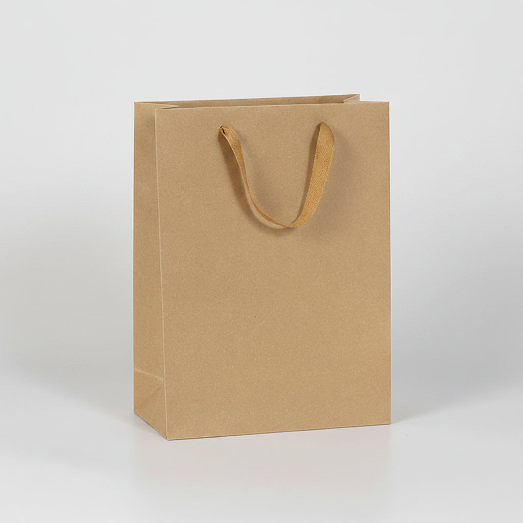 Brown paper bag with dimensions labeled next to a bottle on a white background