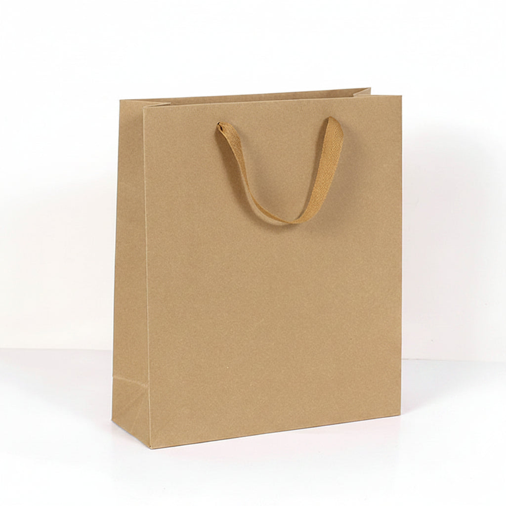 Brown paper bag with handles on a white background, with dimensions displayed.