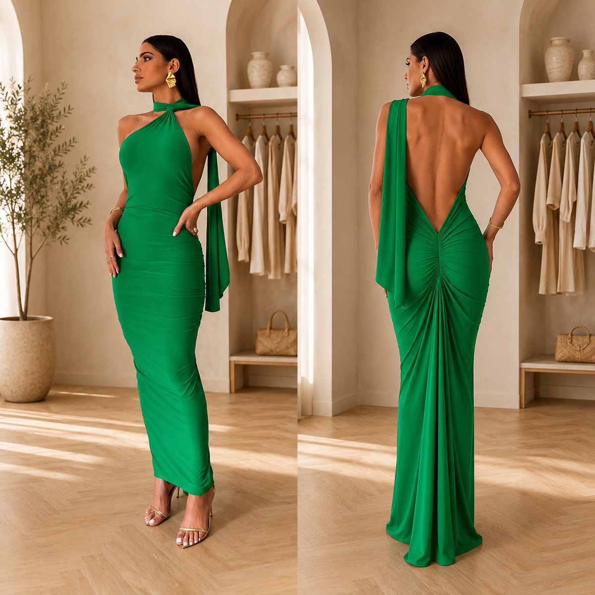 Elegant Pleated Halter Maxi Dress