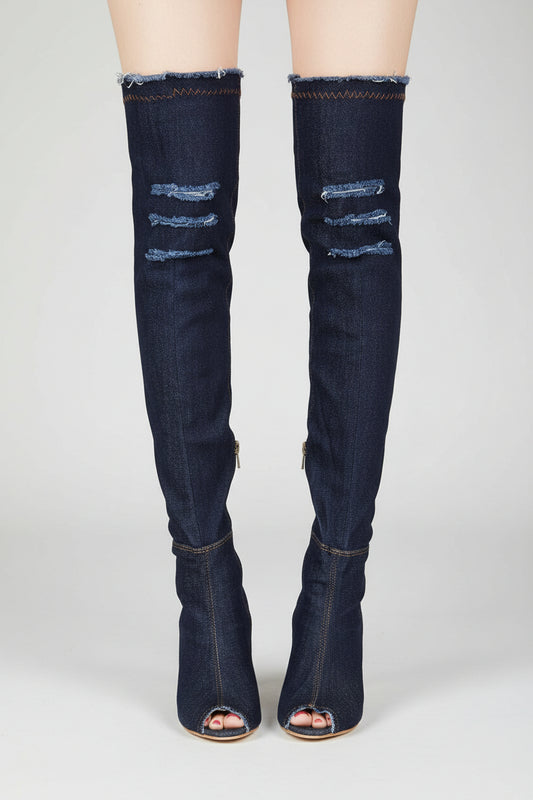 Dark Blue knee-high boots with peep-toe design worn by a person.