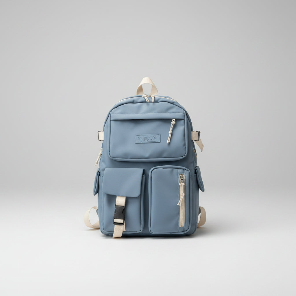 Dusty Blue backpack with beige straps on a white background