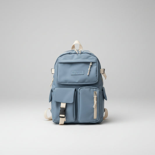 Dusty Blue backpack with beige straps on a white background