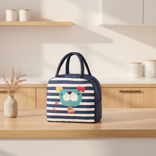 Blue and white striped bag with a dog applique on a white background