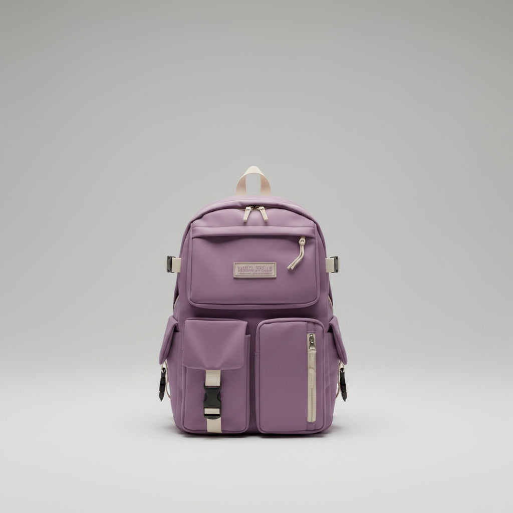 Lilac backpack with a visible brand logo on a white background