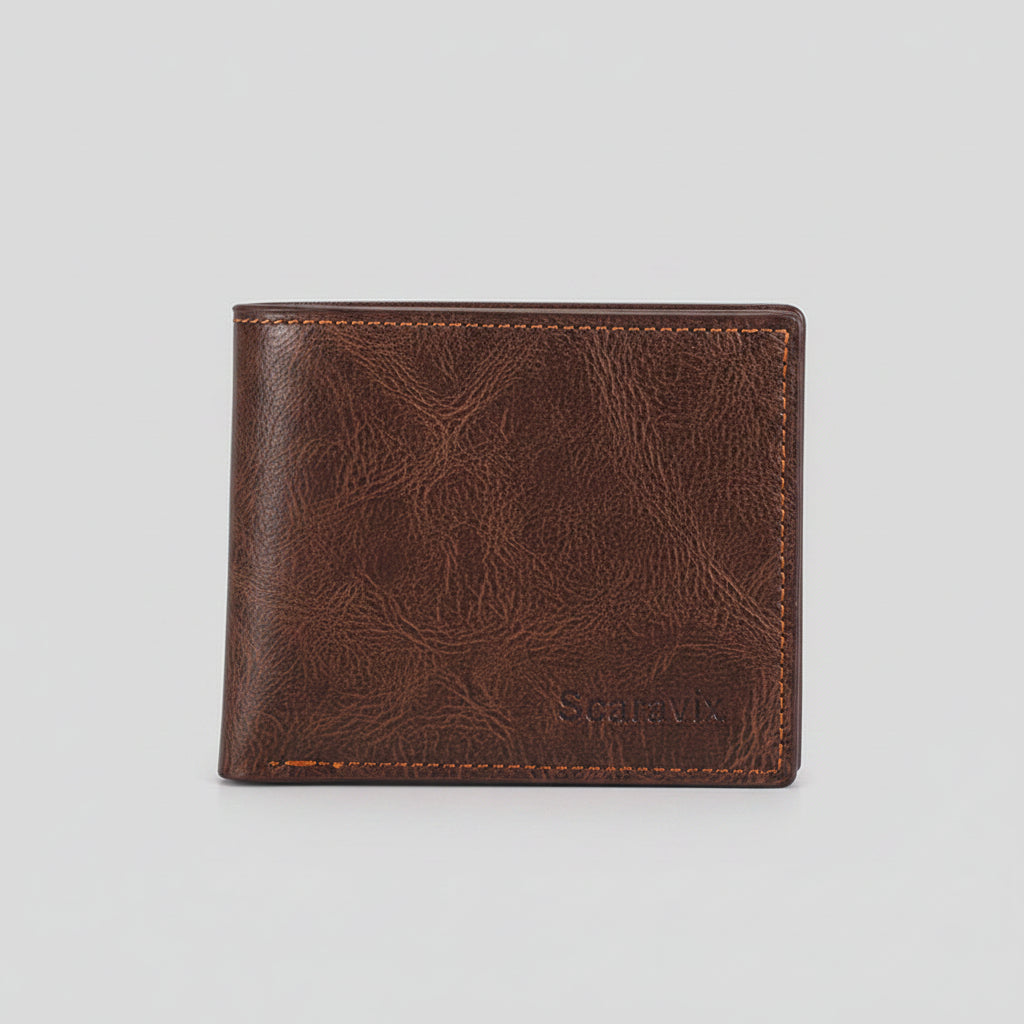Brown leather wallet on a wooden surface with a blurred photo of the Eiffel Tower in the backgroundBrown leather wallet on a wooden surface with a blurred photo of the Eiffel Tower in the background
