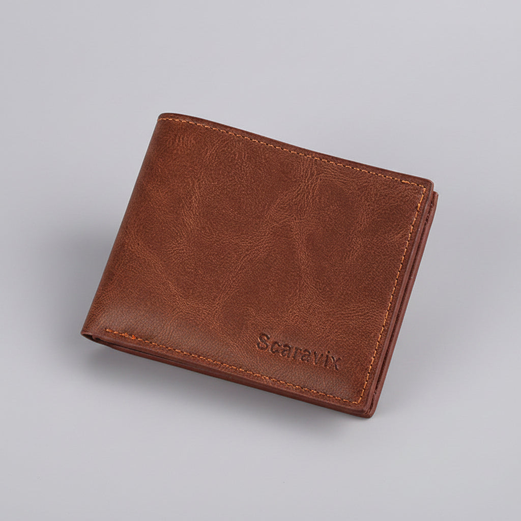 Brown leather wallet on a wooden surface with a blurred background