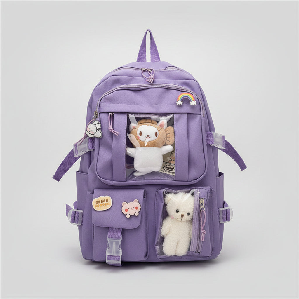 Purple backpack with plush toys and accessories on a hook rack.