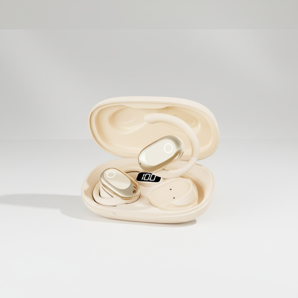 Open wireless earbuds charging case with two matching earbuds inside, shown on a warm beige background. The earbuds and case are glossy cream with metallic gold accents, and a small digital display near the center reads 100.