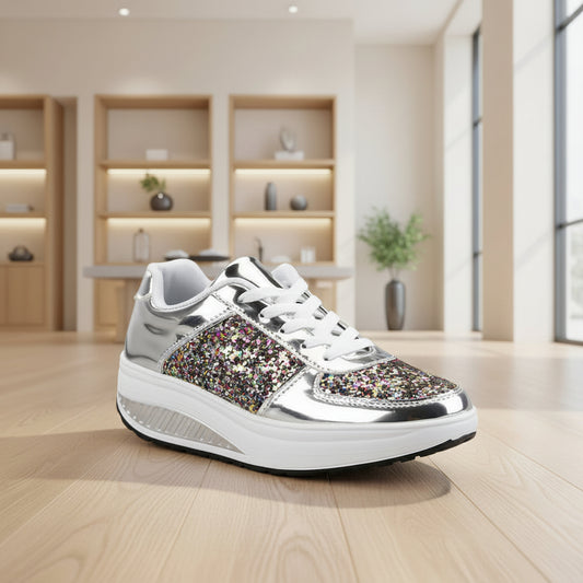 Silver glittery sneaker with rhinestones on a white background