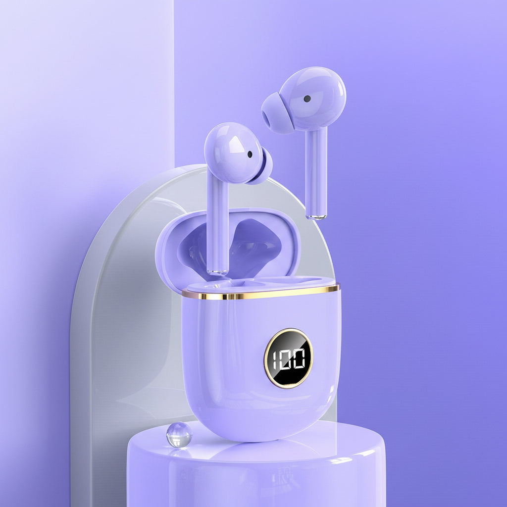Lavender electronic device with heart-shaped lights on a purple background