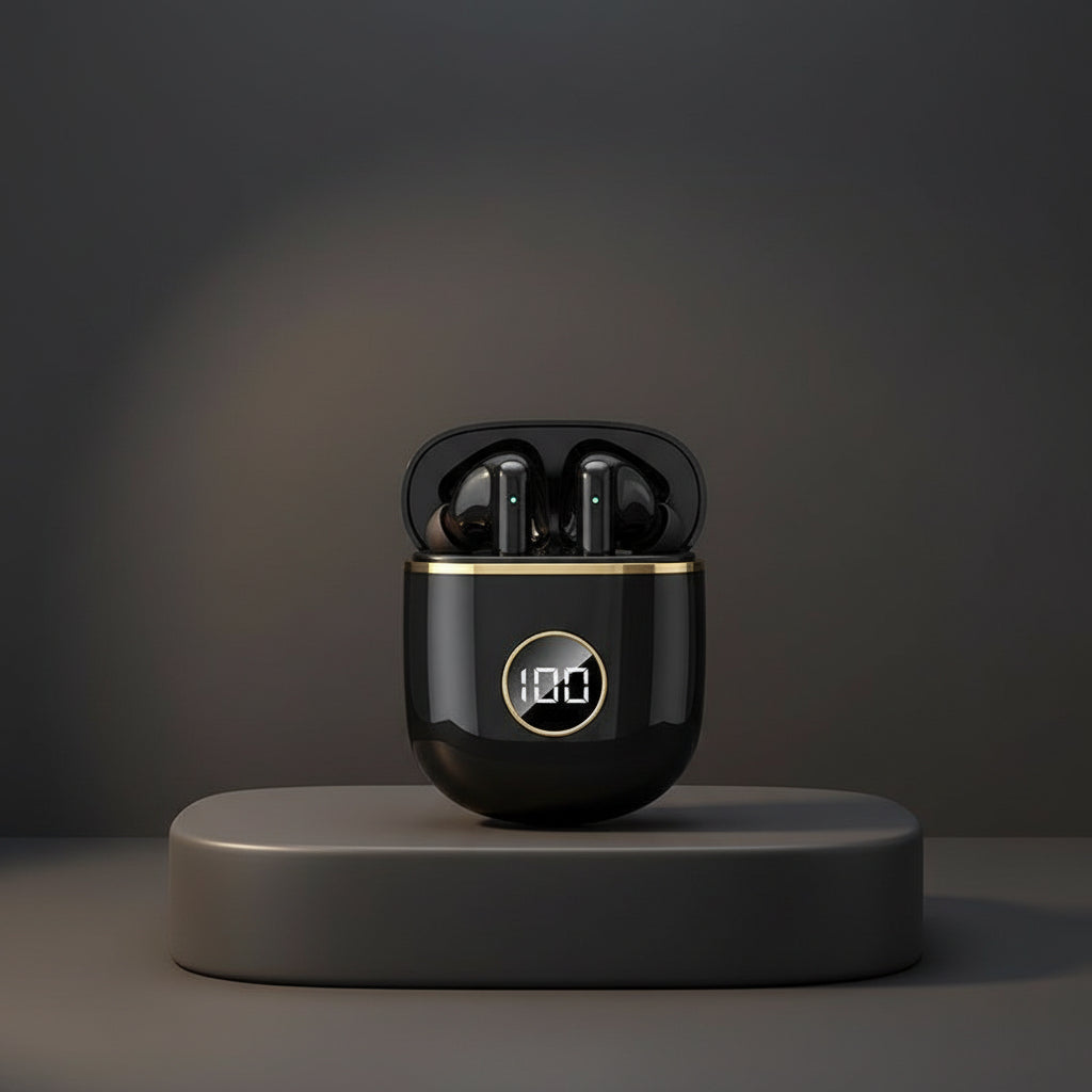 Black wireless earbuds with heart graphics and feature list on a black background