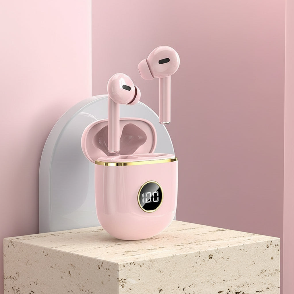 Pink wireless earbuds with heart designs on a pink background, featuring text and icons.