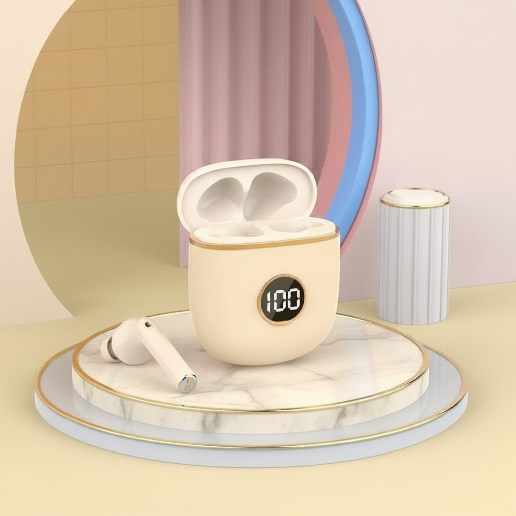 Sand Beige wireless earbuds with heart designs on a light background, featuring product details and features.