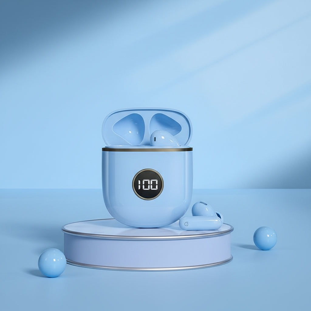 TWS wireless earbuds with charging case on a blue background, featuring text about features and specifications.