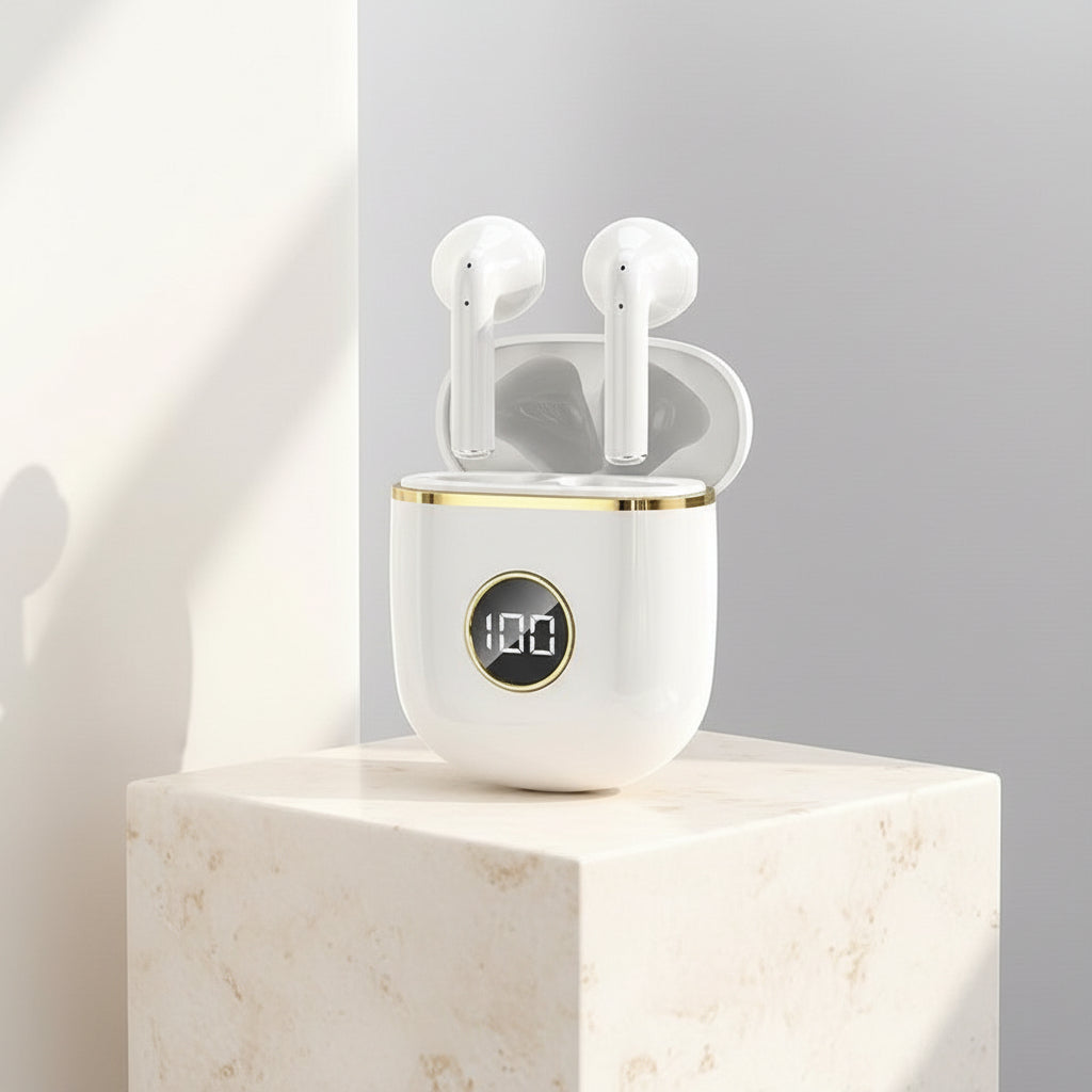 White wireless earbuds with charging case on a gray background, featuring red hearts.
