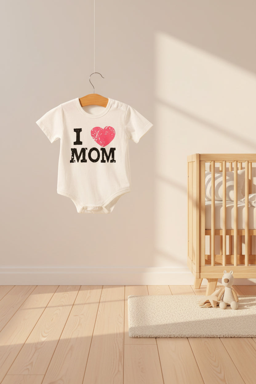 White baby onesie with 'I ❤️ MOM' text on a wooden hanger against a white background