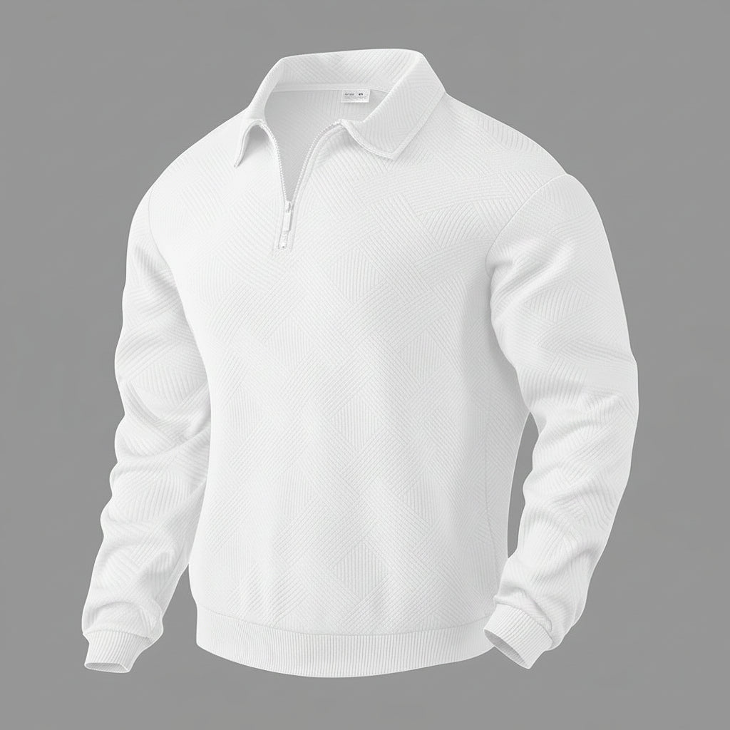 White sweater with a quarter zip on a grey background